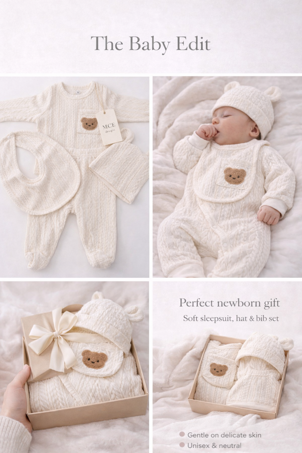 Neutral Newborn Gift Set – Cable Knit Baby Outfit, Hat & Bib
