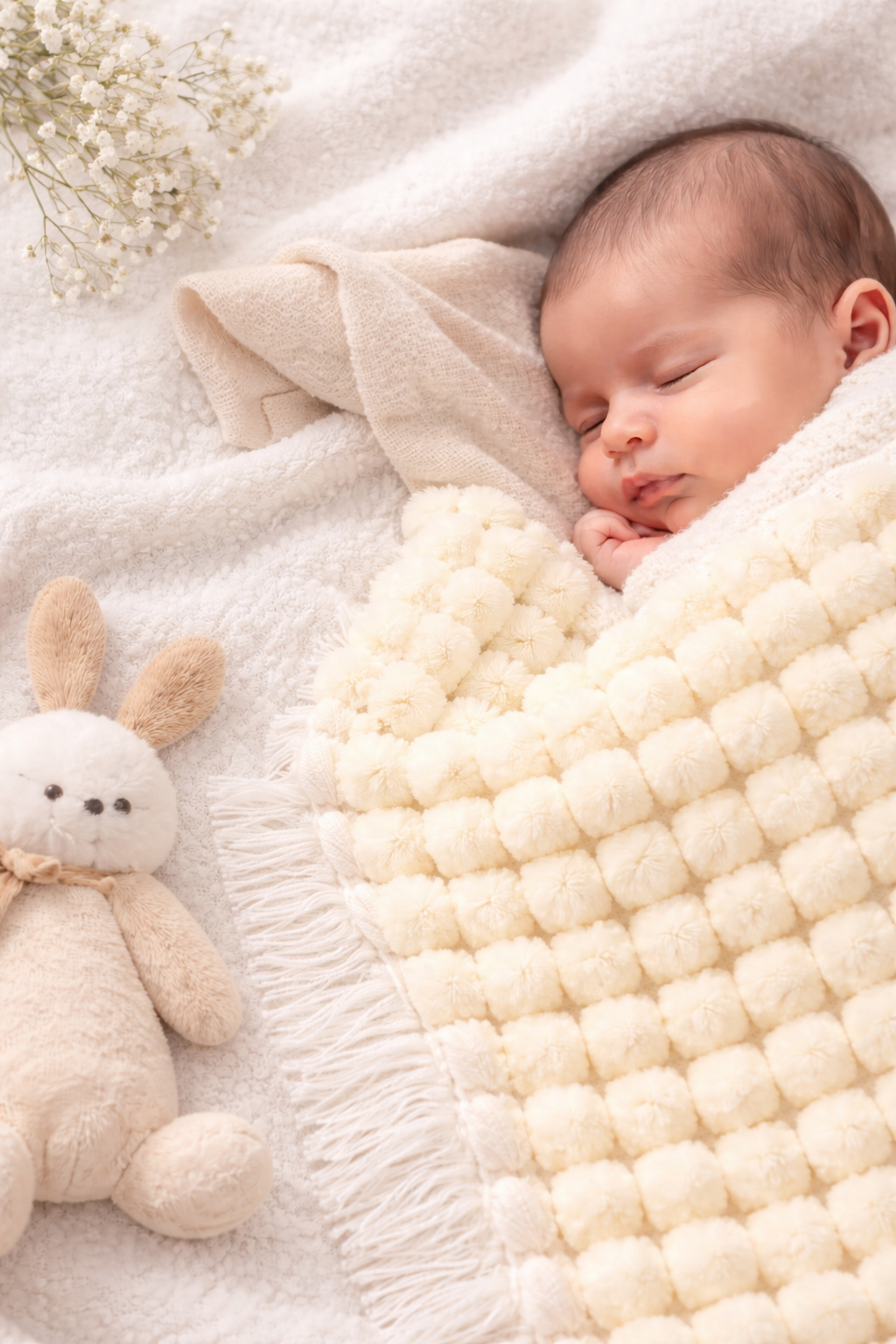 Handmade Lemon & White Pom Pom Baby Blanket