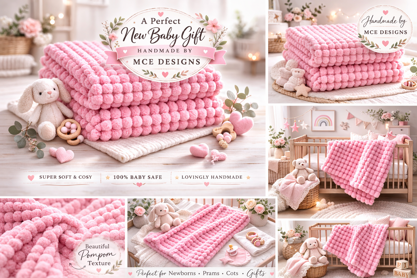 Handmade Pink Pompom Baby Blanket