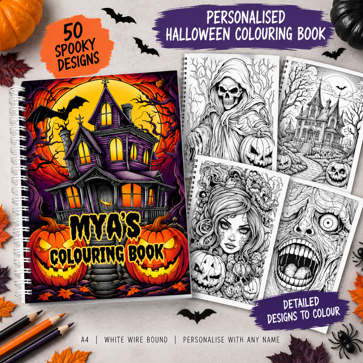 Personalised Adult Horror Halloween Colouring Book | 50 Designs | Spooky Gothic Gift