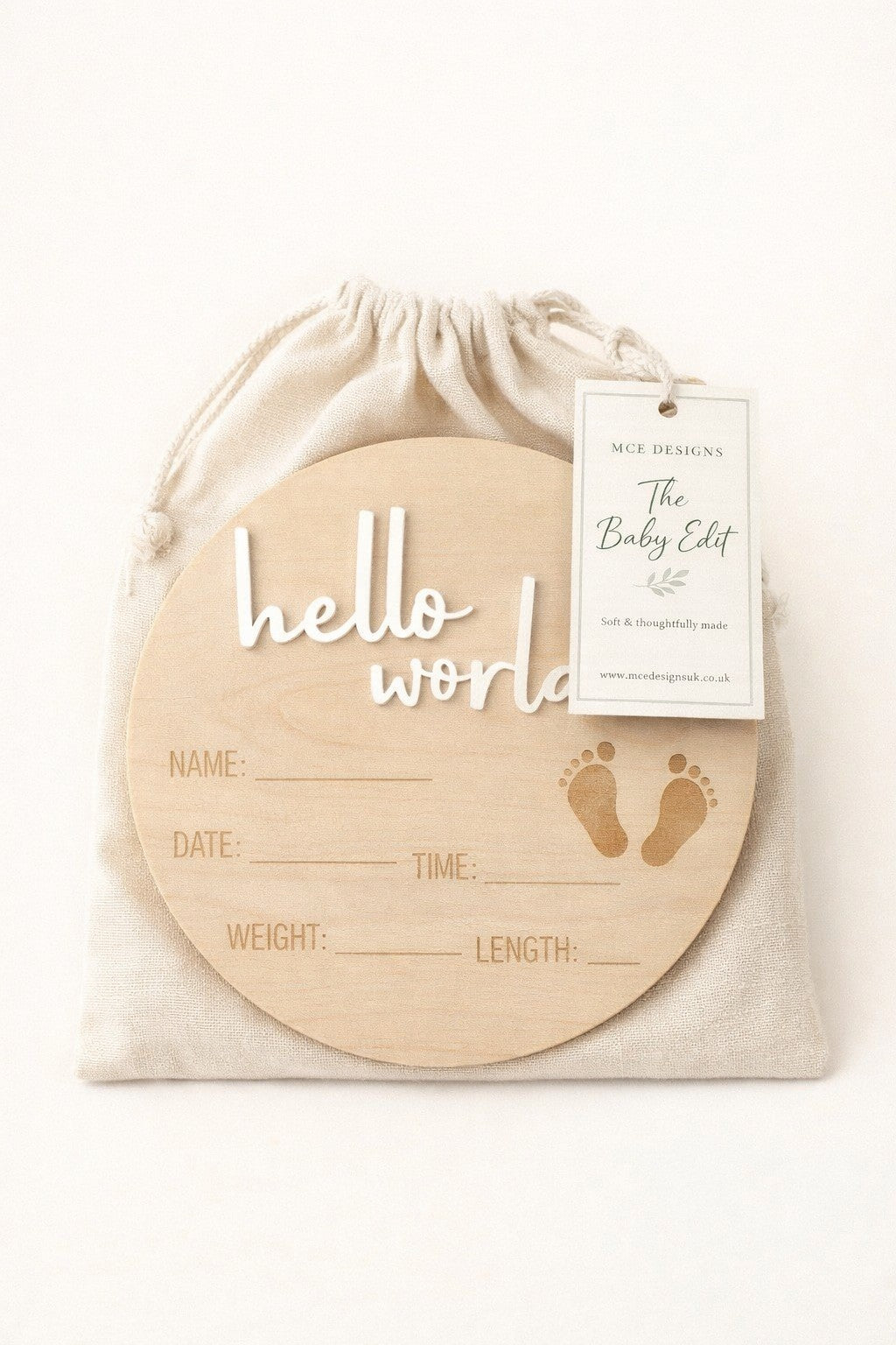 Hello World Wooden Birth Announcement Disc