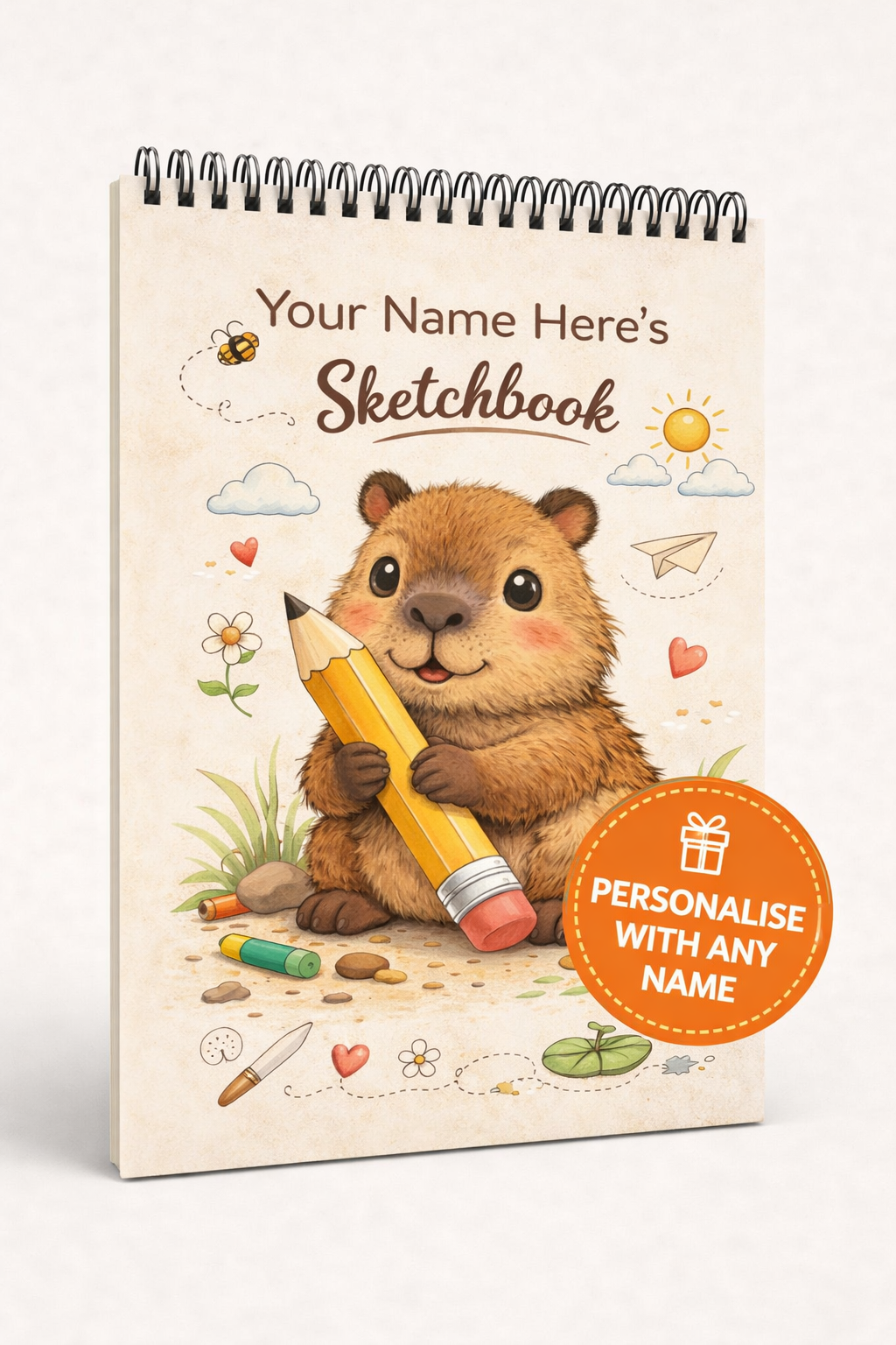 Personalised Capybara Sketchbook | Custom Name Sketch Pad | Cute Animal Drawing Book | A4 Spiral Sketchbook Gift for Kids