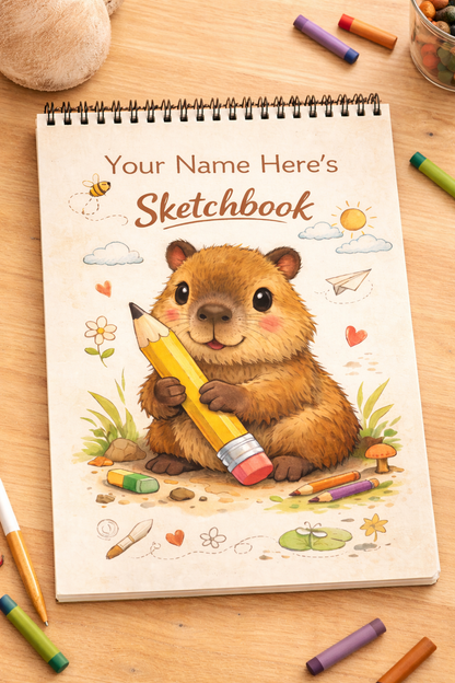 Personalised Capybara Sketchbook | Custom Name Sketch Pad | Cute Animal Drawing Book | A4 Spiral Sketchbook Gift for Kids