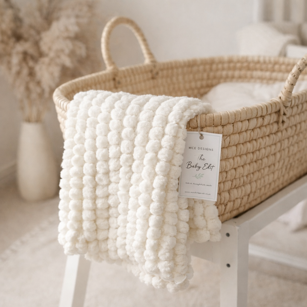 Handmade White Pompom Baby Blanket