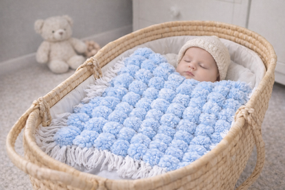 Handmade loomed Blue Pompom Baby Blanket