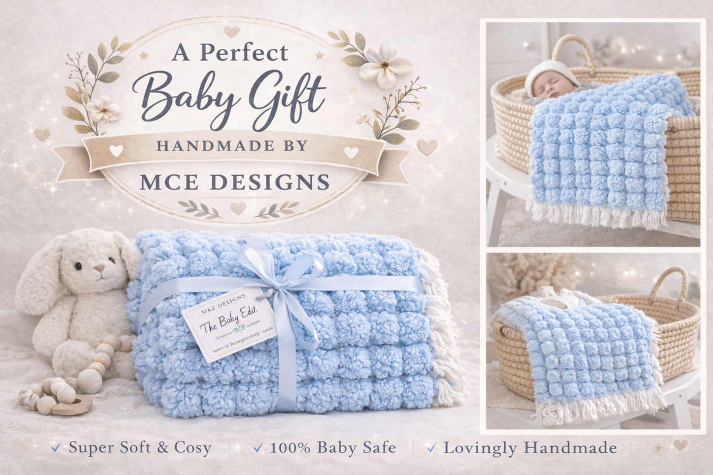 Handmade loomed Blue Pompom Baby Blanket