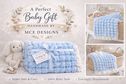 Handmade loomed Blue Pompom Baby Blanket