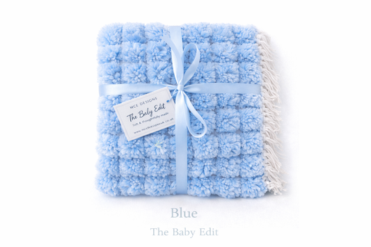Handmade loomed Blue Pompom Baby Blanket