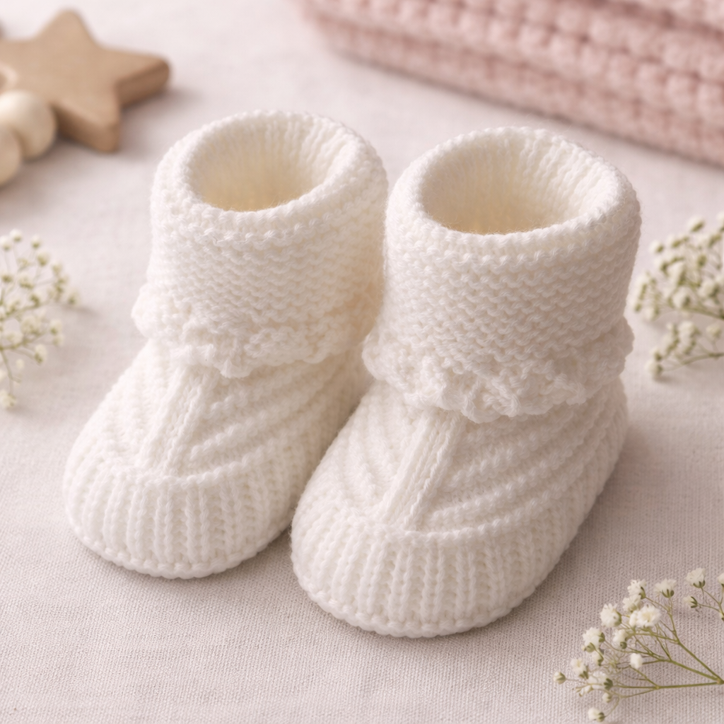 White Hand Knitted Baby Booties – Soft Newborn Baby Shoes
