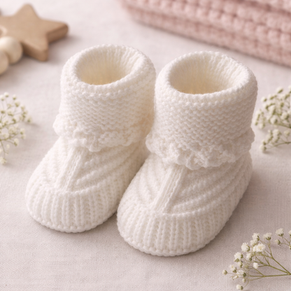 White Hand Knitted Baby Booties – Soft Newborn Baby Shoes