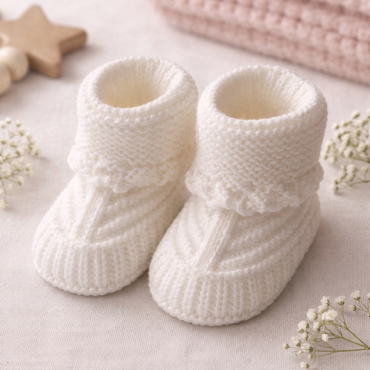 White Hand Knitted Baby Booties – Soft Newborn Baby Shoes