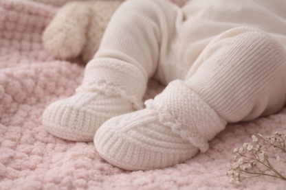 White Hand Knitted Baby Booties – Soft Newborn Baby Shoes