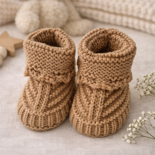 Beige Hand Knitted Baby Booties – Soft Newborn Baby Shoes
