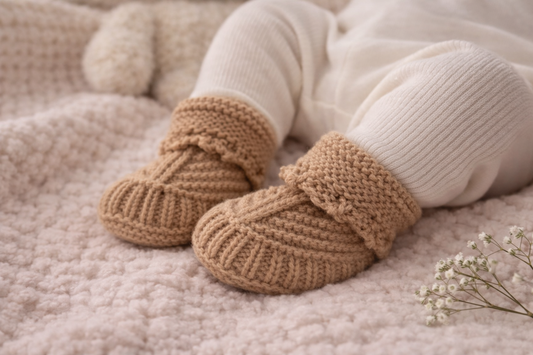 Beige Hand Knitted Baby Booties – Soft Newborn Baby Shoes