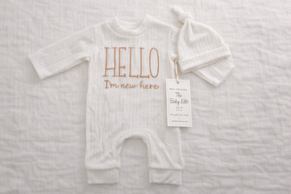 Hello I’m New Here Newborn Set | Soft Textured Baby Outfit & Hat