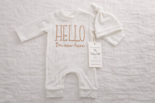 Hello I’m New Here Newborn Set | Soft Textured Baby Outfit & Hat