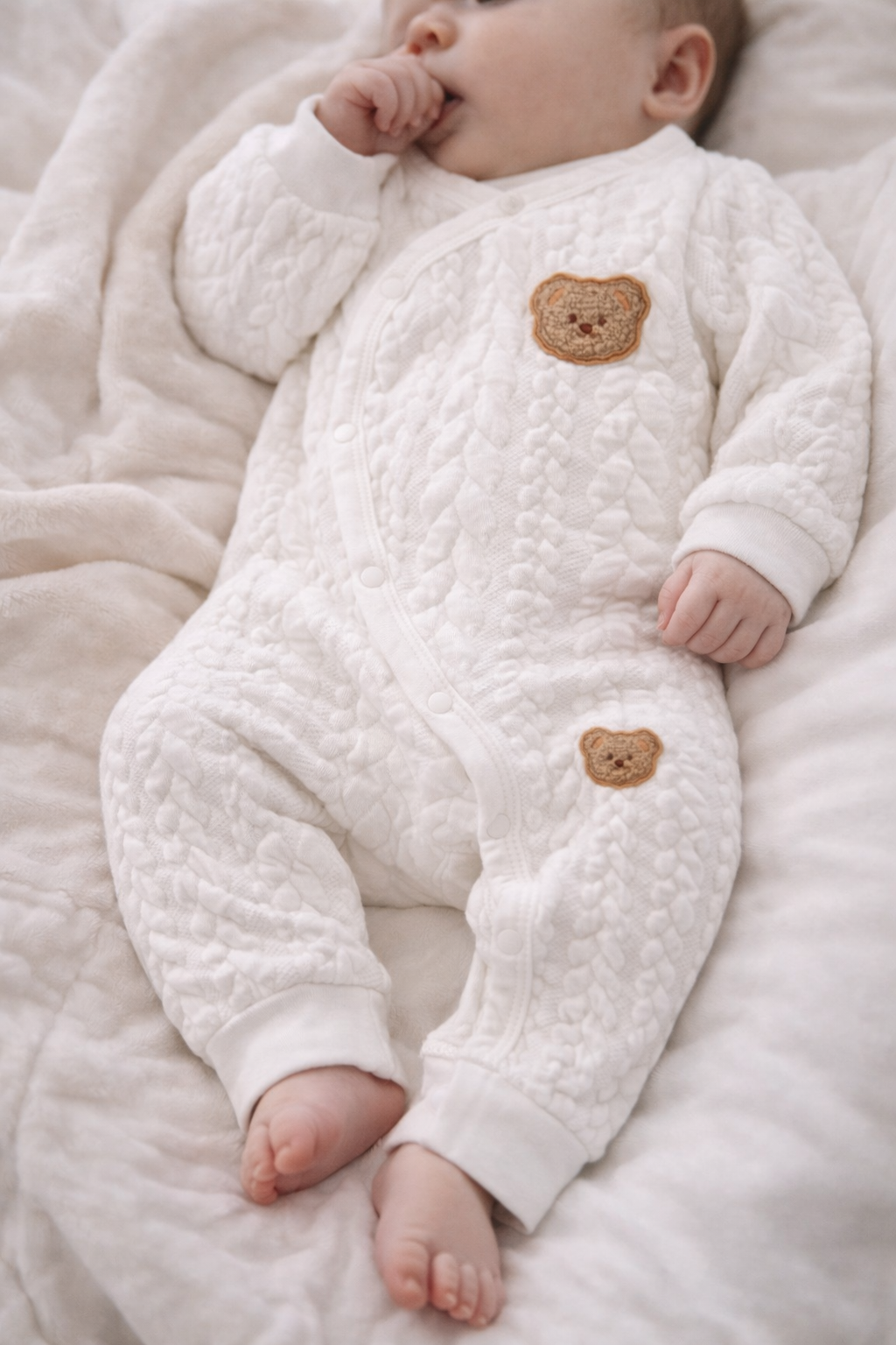 Neutral Cable Knit Newborn Sleepsuit – Soft Cotton Baby Outfit