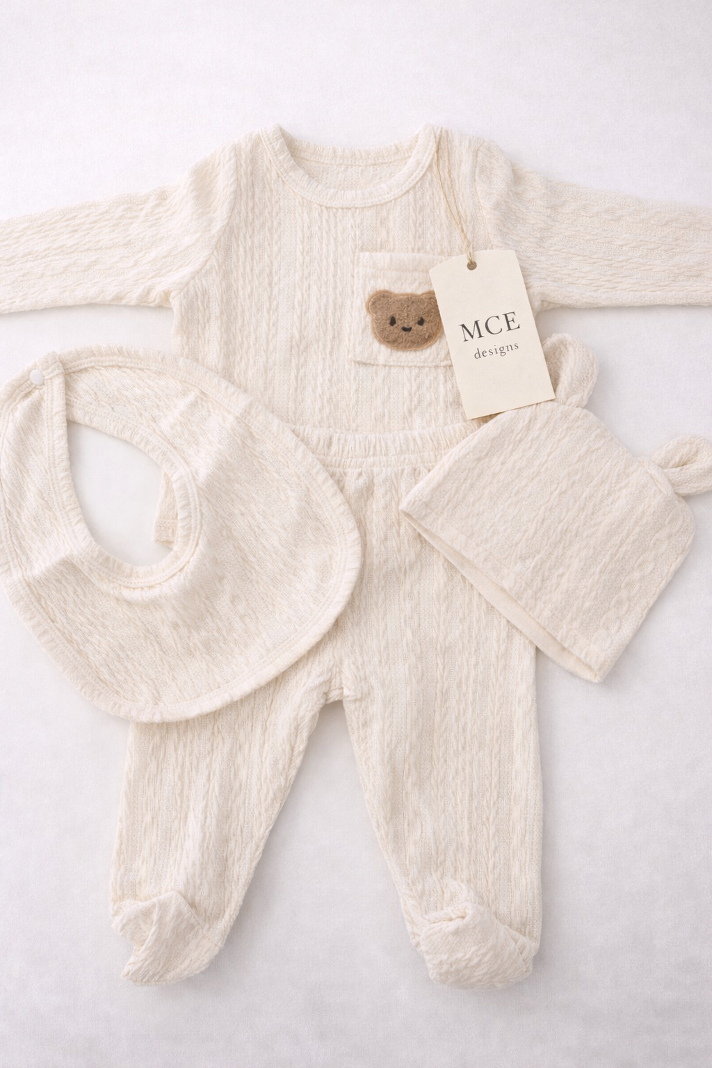 Neutral Newborn Gift Set – Cable Knit Baby Outfit, Hat & Bib