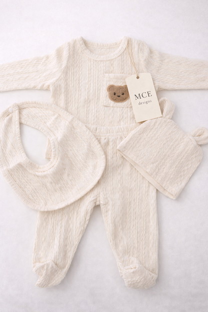 Neutral Newborn Gift Set – Cable Knit Baby Outfit, Hat & Bib