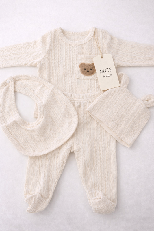 Neutral Newborn Gift Set – Cable Knit Baby Outfit, Hat & Bib