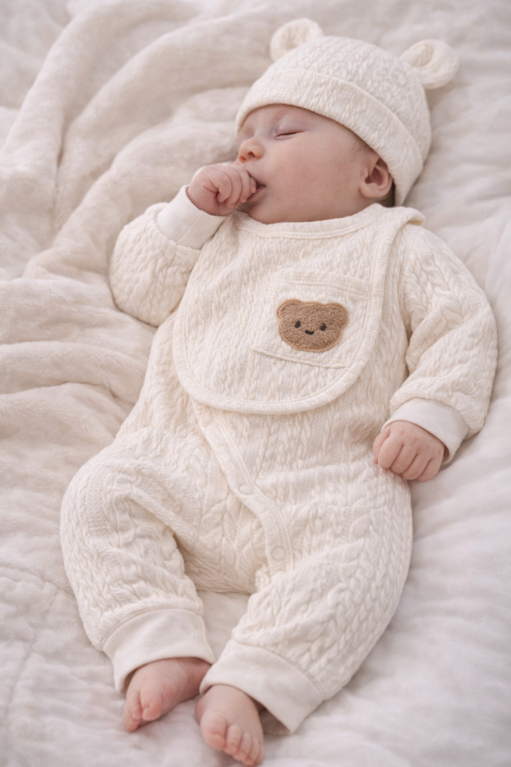 Neutral Newborn Gift Set – Cable Knit Baby Outfit, Hat & Bib