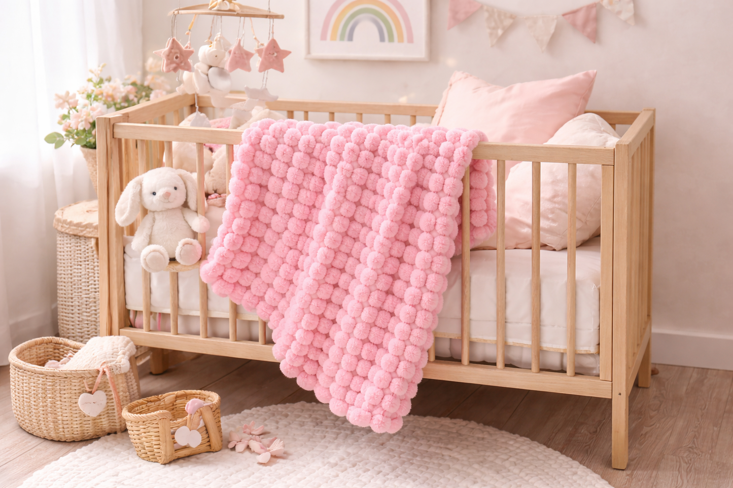 Handmade Pink Pompom Baby Blanket