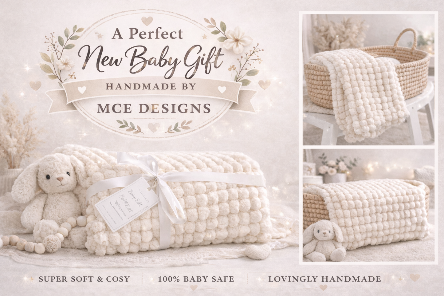 Handmade White Pompom Baby Blanket