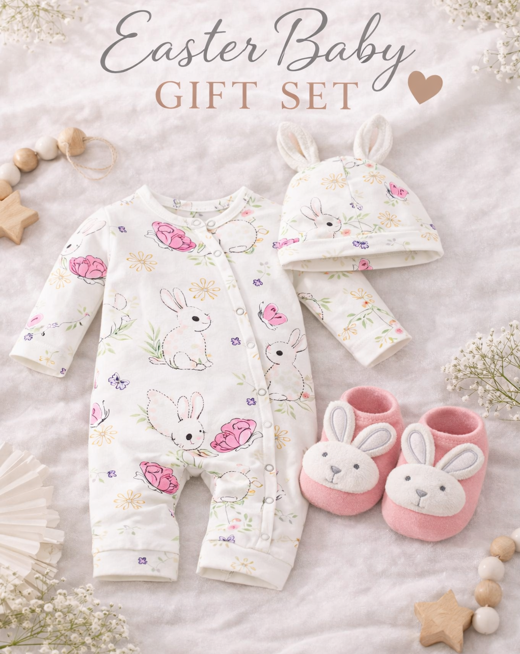 Easter Baby Gift Set – Bunny Romper, Hat & Booties (3–6 Months)
