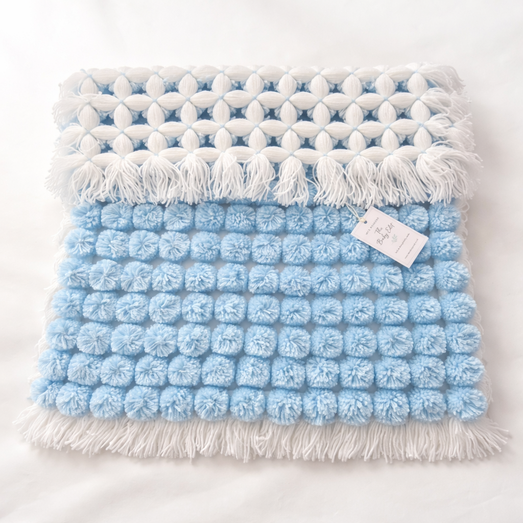Handmade loomed Blue Pompom Baby Blanket