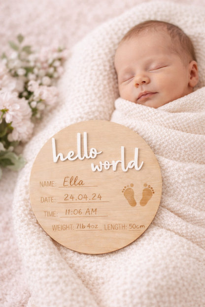 Hello World Wooden Birth Announcement Disc