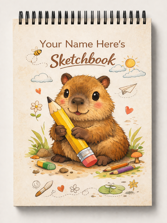 Personalised Capybara Sketchbook | Custom Name Sketch Pad | Cute Animal Drawing Book | A4 Spiral Sketchbook Gift for Kids