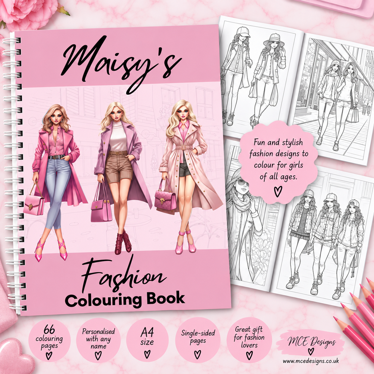 Personalised Fashion Colouring Book | 66 Designs | Girls Creative Activity Gift