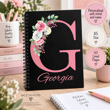 Personalised Floral Initial Notebook | A5 Lined Notebook