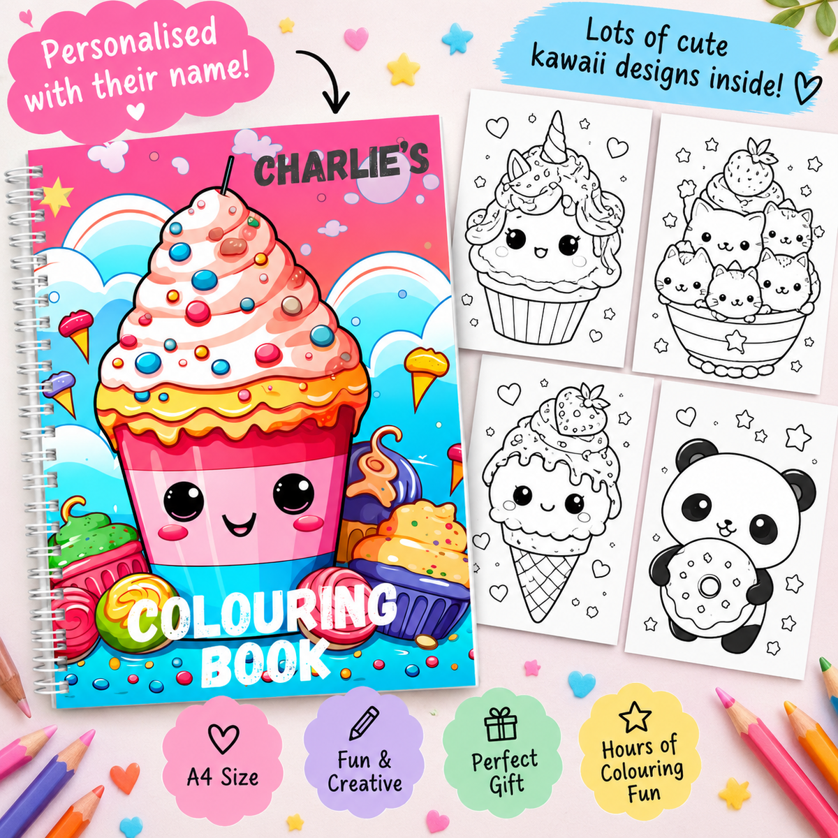 Personalised Kawaii Colouring Book | Kids Activity Book | Custom Name Gift
