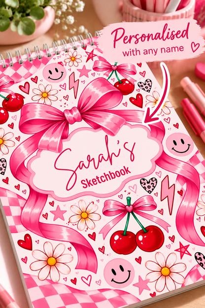 Personalised Pink Cherry & Bow A4 Sketchbook
