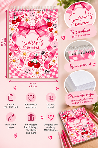 Personalised Pink Cherry & Bow A4 Sketchbook