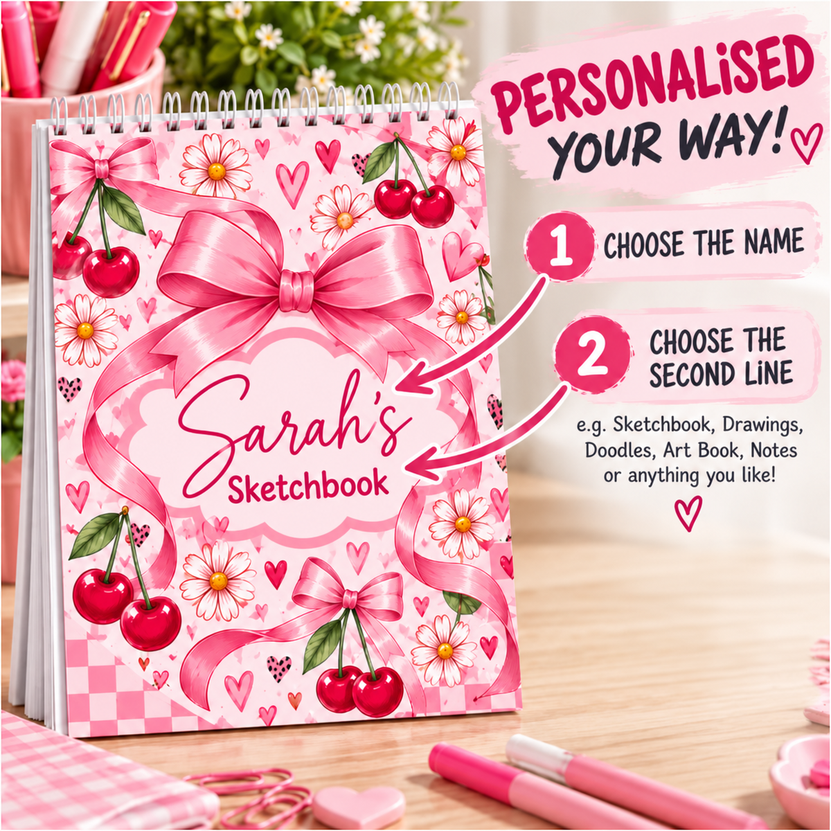Personalised Pink Cherry & Bow A4 Sketchbook