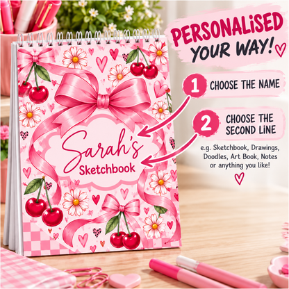 Personalised Pink Cherry & Bow A4 Sketchbook