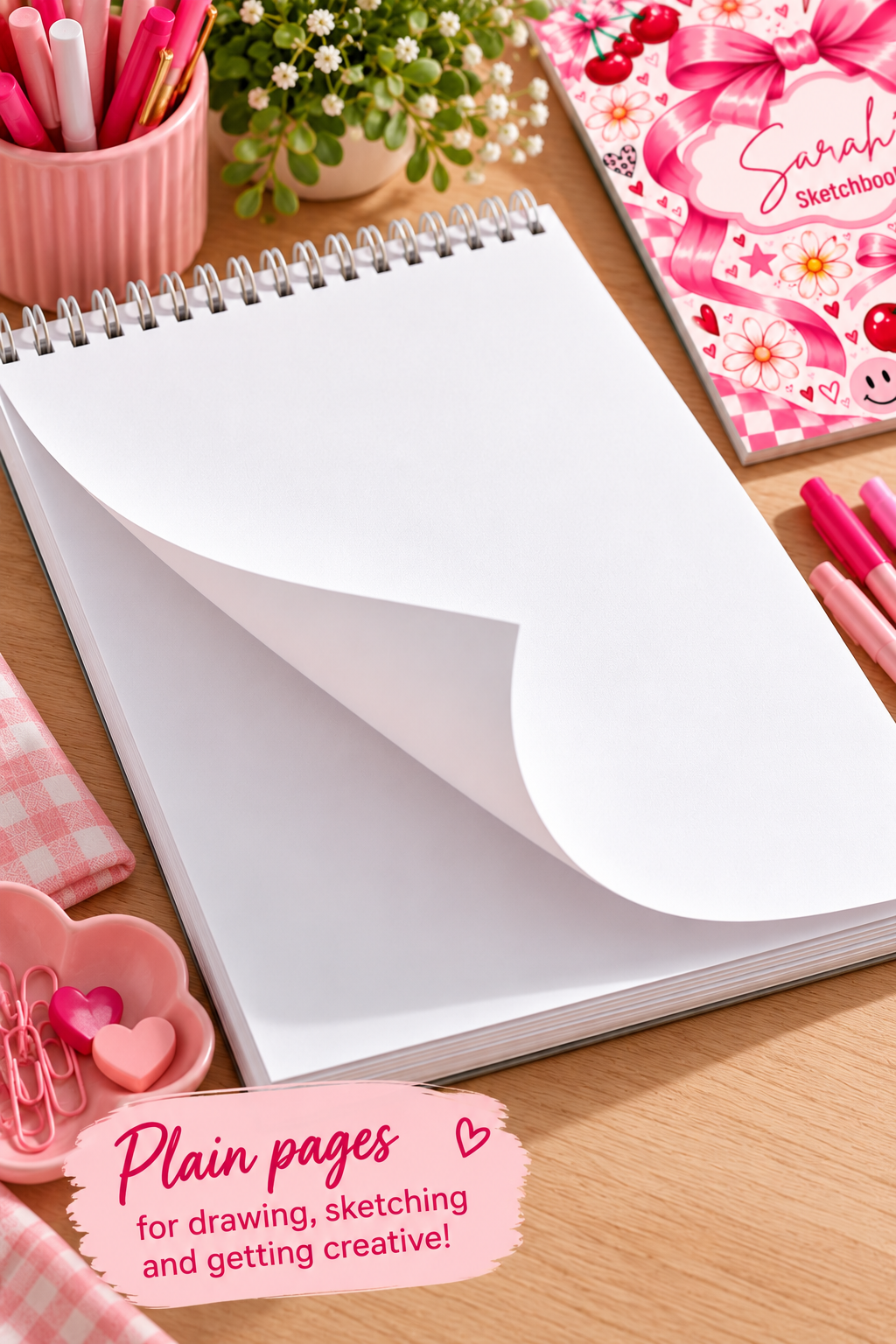 Personalised Pink Cherry & Bow A4 Sketchbook