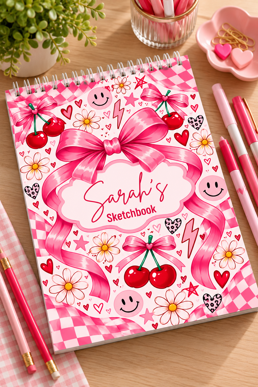 Personalised Pink Cherry & Bow A4 Sketchbook