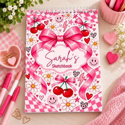 Personalised Pink Cherry & Bow A4 Sketchbook