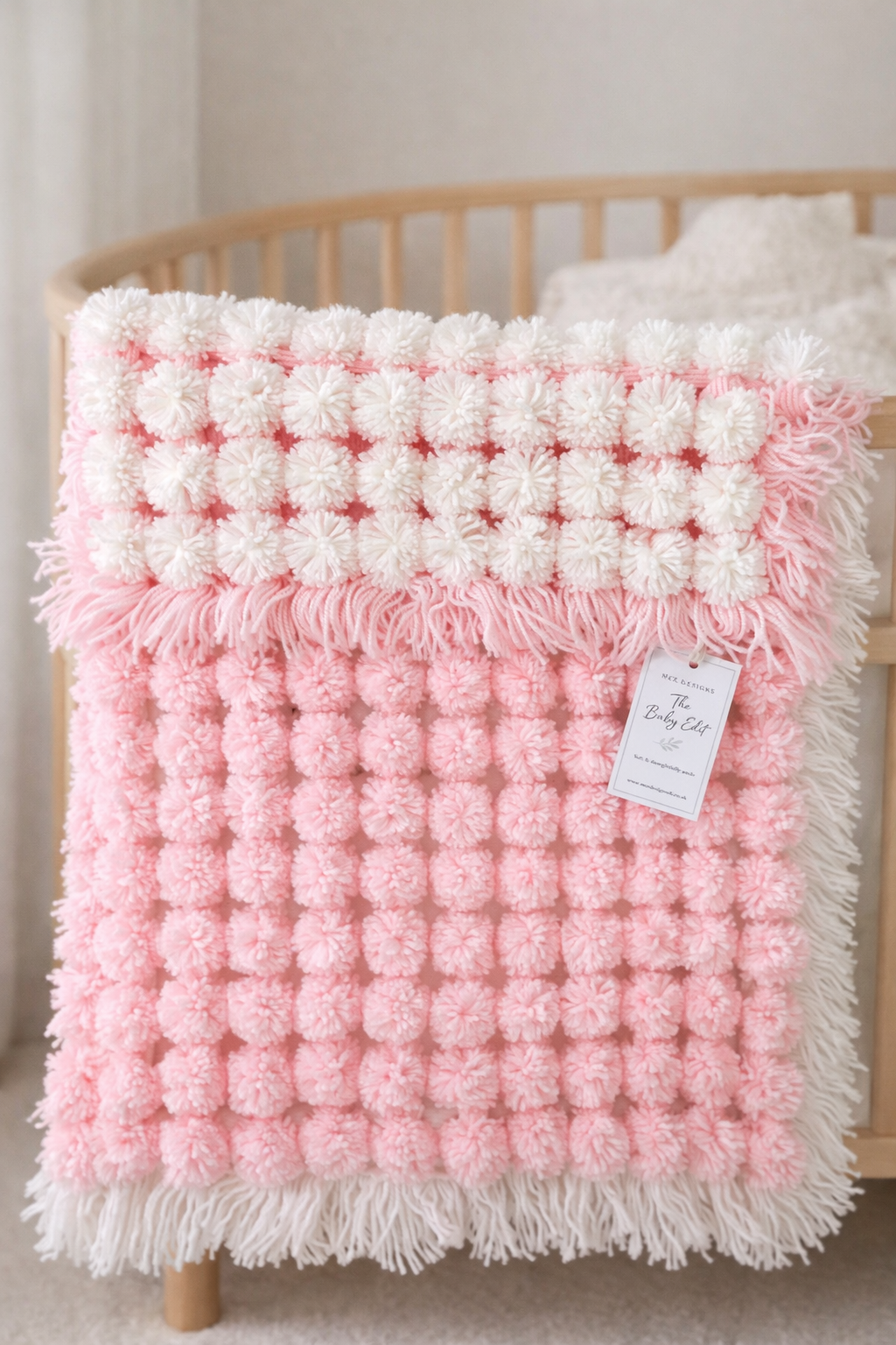 Handmade Pink & White Pom Pom Baby Blanket