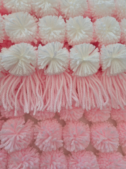 Handmade Pink & White Pom Pom Baby Blanket