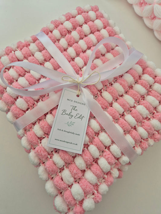 Handmade Pink & White Pompom Baby Blanket